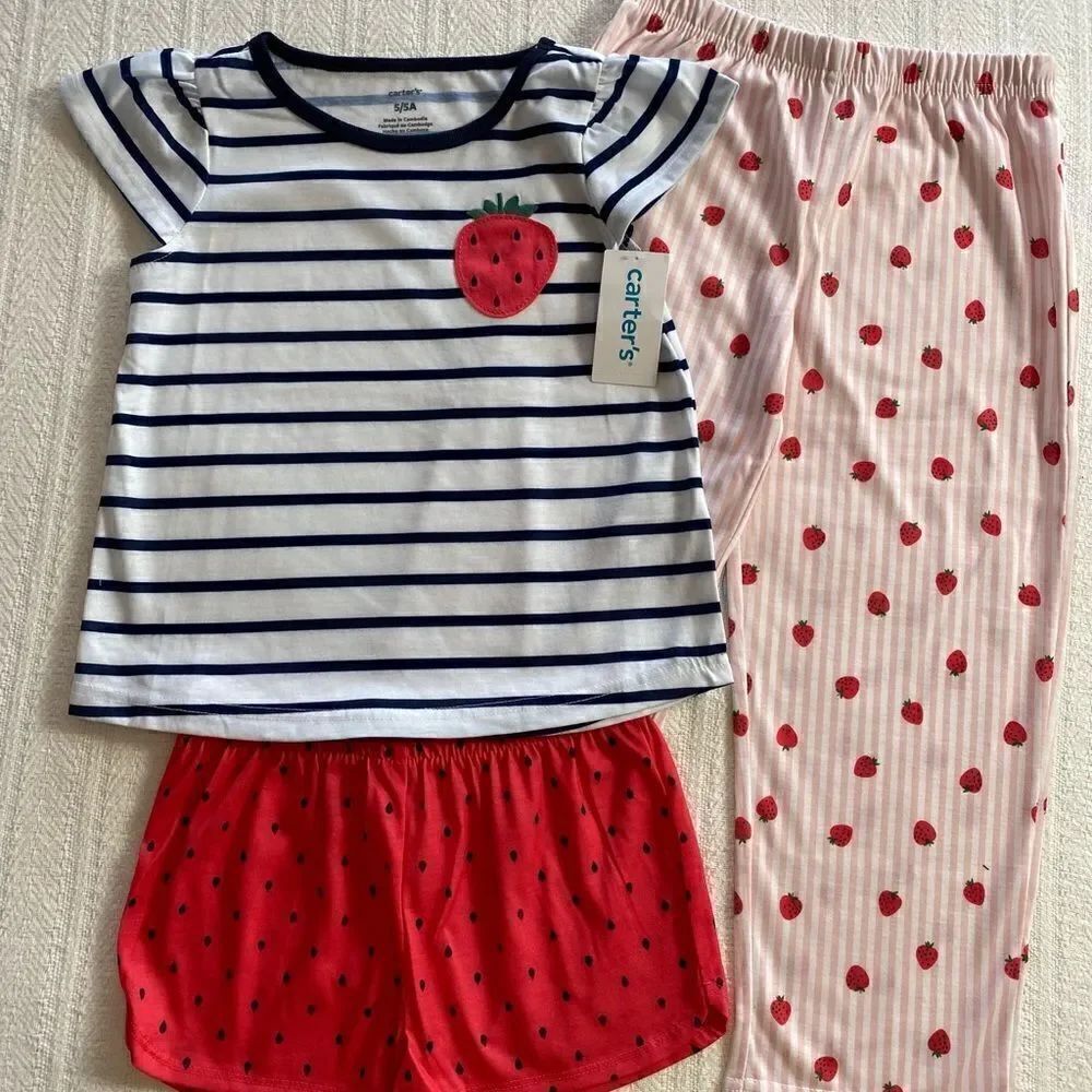 CARTER'S Girls Strawberry Top, Shorts and Pants Pajama Set